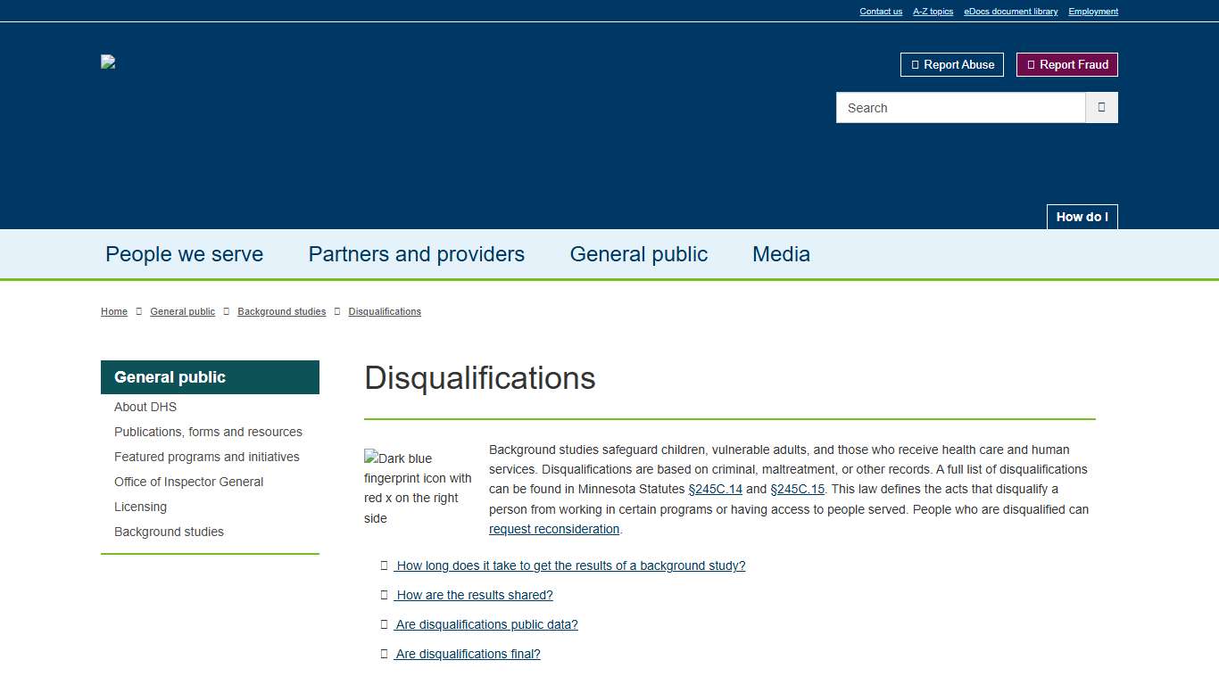 Disqualifications / Minnesota Department of Human Services